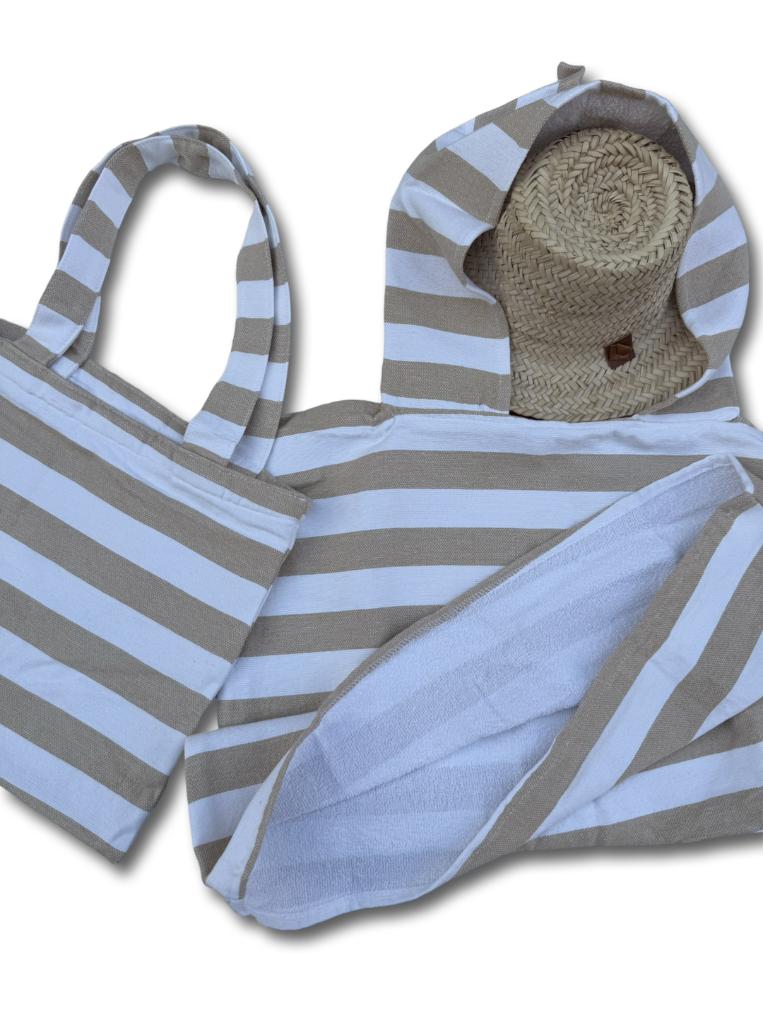 Kids Ocean Breeze Cover-Ups  Poncho Beige White + Beach Bag